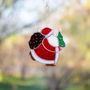Old Santa Christmas Acrylic Suncatcher, Decor Window With Christmas Tree & Gifts - Picture 1 of 10