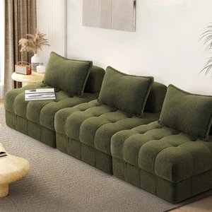 Oikiture 3 Seater Boucle Modular Sofa Lounge Chair Armless TOFU Back Green - Picture 1 of 10
