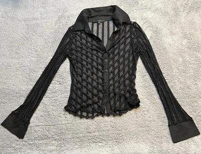 Camisa MCM para mujer talla M negra de tul a rayas cuello ajustado manga larga con botones Foto 1 de 4
