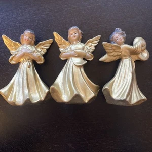 Vintage Christmas Angel Figurines Japan Set of 3 Metallic Gold Hand Painted - Picture 1 of 9
