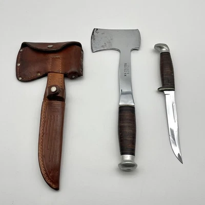 Vintage Case XX Hatchet Fixed Blade Knife Combo w/ Sheath Leather Stack Handles - Image 1 of 4