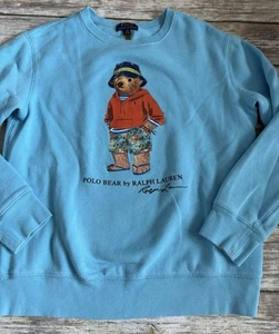Polo Ralph Lauren Laguna Beach Bucket Hat Bear Sweatshirt Blue Kid's RARE Size L - Picture 1 of 8