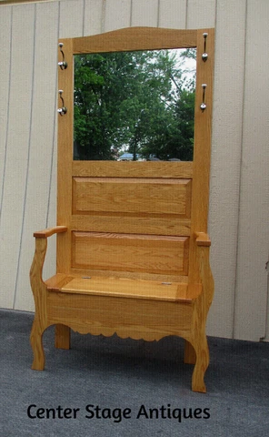 63296  TOM SEELY  SOLID Oak Hall Seat Coattree Hat Rack w/ Storage under seat Cover