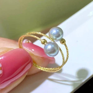 Splendidi anelli perla rotondi AAA+ 6-7 mm naturale grigio Akoya grigio elasticità oro 14k - Foto 1 di 2