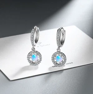 Women Opal Inlay Dangle Drop 925 Sterling Silver Hoop Huggie Earrings Jewellery - Picture 1 of 5