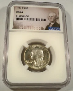 1963-D NGC MS66 WASHINGTON QUARTER VERY LIGHT TONE SILVER 25c MS 66 - Picture 1 of 4