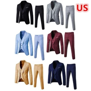 Men's Suits One Button Slim Fit 3-Piece Suit Business Formal Jacket Pants Set - Picture 1 of 40