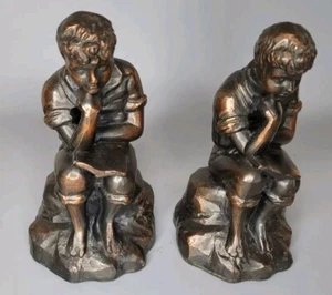 Pair of 1930s Boy Reading Bookends Cast Metal Bronze Finish Thinker - Picture 1 of 7