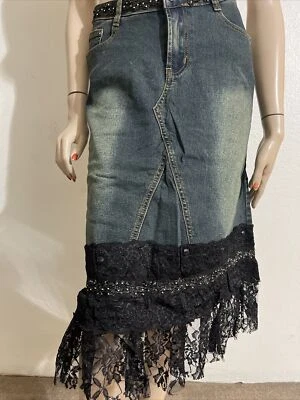 Синий джинсовой ткани бисером кружева повседневный Midi молнии богемное кнопки размер M (6-8) юбка 3226 - Изображение 1 из 4