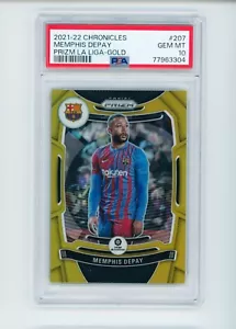 2021-22 Memphis Depay Panini Chronicles Prizm Gold FC Barcelona Card 1/10 PSA 10 - Foto 1 di 3