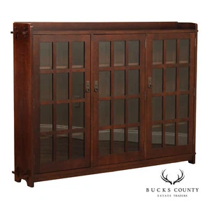 Stickley Mission Collection Oak Triple Bookcase with Glass Doors - Picture 1 of 16