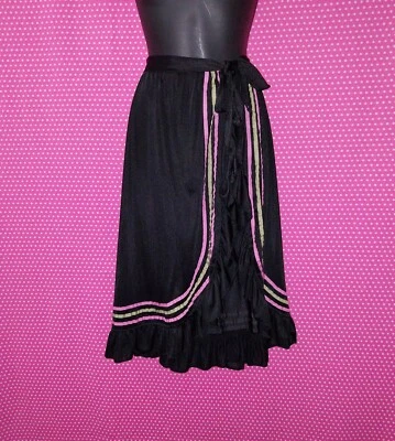 Retro Black Polyester Wrap Skirt w/ Pink & Green Ribbon Trim - Approx Size 12 - image 1 of 4