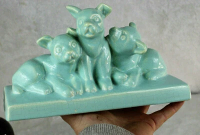 French art deco faience craquele 3 dogs statue turquoise sculpture - Image 1 of 4