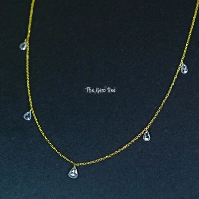 14K Gold 5 Floating White Rose Cut Drilled Diamond Briolette Bead Necklace 18" - Image 1 of 4