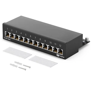 Patchpanel Cat.6a Patchfeld 12 Port RJ45 geschirmt Desktop Aufputz schwarz LSA - Afbeelding 1 van 10