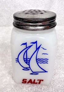 McKee Milk Glass Salt Shaker Sailboat And Waves Design Square 1 3/4sq Nice Shape - Picture 1 of 8
