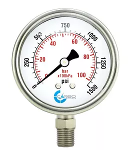 2" Pressure Gauge, Stainless Steel Case, Liquid Filled, Lower Mnt, 1500 PSI - Picture 1 of 4