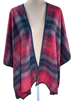 Poncho Antiguo Azul Marino Frente Abierto Mezcla Lana Rojo Negro Azul Cuadros Talla XS-S Foto 1 de 4