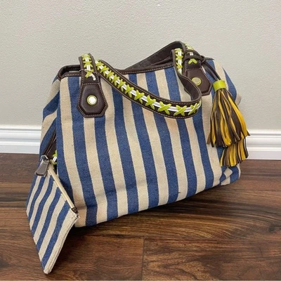 Bolso de Mano Grande BIG BUDDHA Swesley Rayas Tribal Lona Boho **DEFECTUOSO Foto 1 de 4