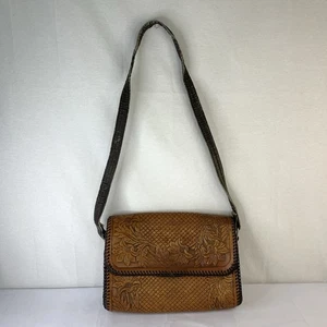 Vintage Retro Hippie geprägt handbesetzt Boho Blumen Leder Schultertasche Mexiko - Bild 1 von 12