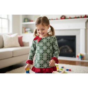 Vestido Counting Daises verde/blanco con volantes rojos talla 10 - Imagen 1 de 8