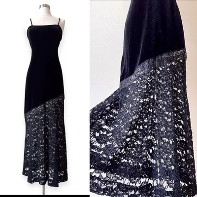 Vintage 90s Frederick’s of Hollywood Black Velvet Lace Maxi Dress Medium Goth - Image 1 of 4
