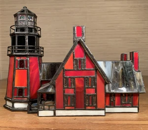 Vintage Buntglas rot Leuchtturm Tischlampe Tiffany Stil 7" Höhe x 9" Breite x 5" Tiefe - Bild 1 von 9