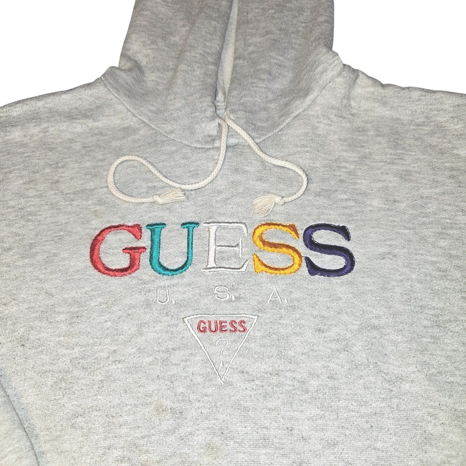 Vintage Guess Made in USA Embroidered Multi Color Logo Hoodie Grey 90s Designer - Image 1 of 4