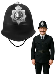 Adult Black English Bobby Police Helmet British Policeman Hat Costume Accessory - Picture 1 of 9
