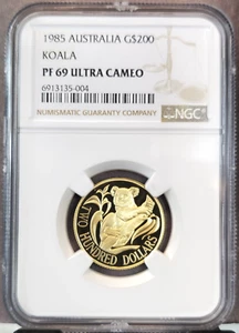 1985 AUSTRALIA GOLD 200 DOLLARS G$200 KOALA NGC PF 69 ULTRA CAMEO RARE PROOF - Picture 1 of 3
