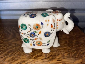 Vintage Hand Carved Marble Elephant With Inlaid Stone Flowers #40A - Picture 1 of 11