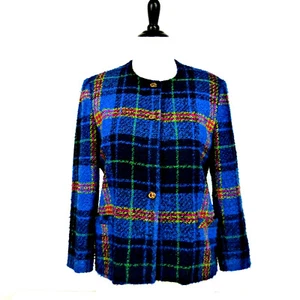 Vintage 80's Vinci Womens Size L Jacket Blue Plaid - has 2 missing buttons - Picture 1 of 6
