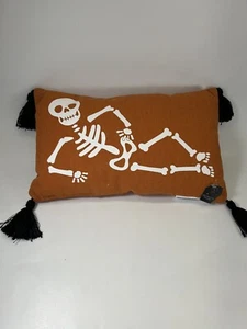 14" Orange Oblong Halloween Plush Pillow Reclining White Skeleton Black Tassels - Picture 1 of 4