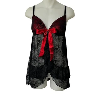 Y2K Gothic Babydoll Lingerie Top/Dress S Black Lace Sheer Red Front Bow Accent - Picture 1 of 9