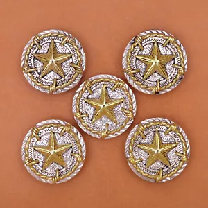 5PCS 34*34mm Western Gold Silver Plated Texas Star Saddles Rope Side CONCHOS SET - Picture 1 of 9