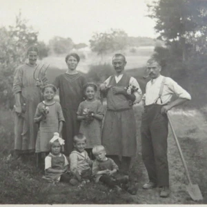 Real Photo Postcard German Farming Family Portrait Tools Pitchfork Sickle 1926 - Picture 1 of 4