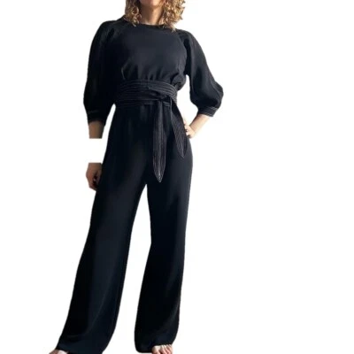 Mono Mango Talla S Negro Cinturón Mangas Abullonadas Pierna Ancha A Medida Elegante Foto 1 de 4