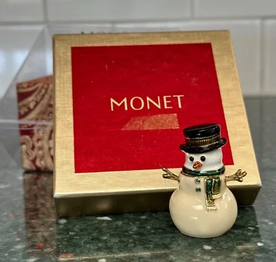 Collectible MONET Twig Arms SNOWMAN Green Scarf Top Hat Trinket Gift Box Opens - Image 1 of 4