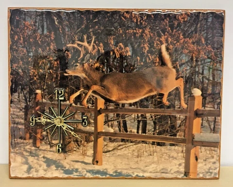 Vintage 1980's Lacquered Wood Scenic Country Landscape Buck Deer Wall Clock Cover