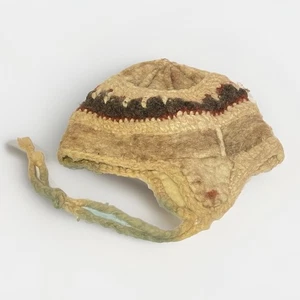 Handarbeit Medium Strick & gefilzt beige braun Winter Ski Mütze Chullo Beanie Klappmütze - Bild 1 von 3