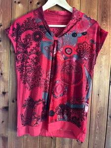 DESIGUAL Womens top in red with pattern and sequins, cap sleeves. UK Med, 10-12 - Picture 1 of 9