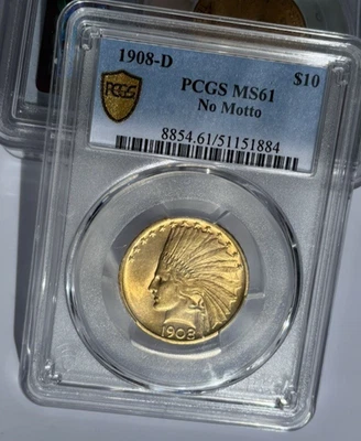 1908 D $10 Gold Indian Head Eagle NO MOTTO PCGS MS 61 $3,750 - Image 1 of 3