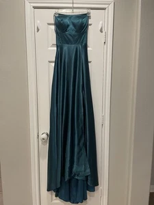 Satin Strapless Corset Back Special Occasion Dress Gown Size 2 Front Slit Green - Bild 1 von 10