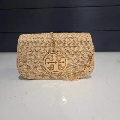 Tory Burch Reva Raffia Beige Woven Clutch Removable Chain Gold Tone Hardware - Image 1 of 4