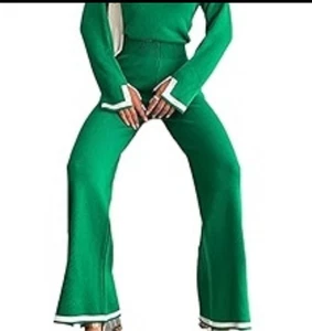 Vintage Lotta Lites Pants Womens Medium Green Rhinestone Trim Flare Disco 70s - Picture 1 of 7