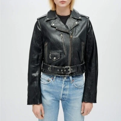 NWT Re/Done Vintage Black Leather Moto Zip Jacket Classic Iconic Genuine Size S - Image 1 of 4