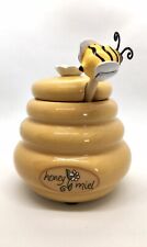 Mini Honey Pot Ceramic Jar & Wood Dipper Beehive with Bee Gold Bees Flower Cover