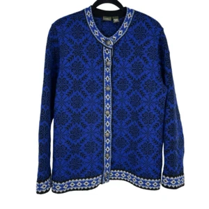 Vintage LL Bean Cardigan Sweater M Wool Blue Norwegian Fair Isle Snowflake Nordi - Picture 1 of 10