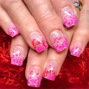24 Pcs Heart False Nail French Tip Press On Nail Valentines Day on Nail - Picture 1 of 7