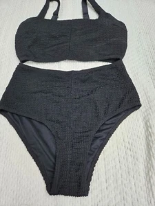 Black Textured Knit like High-Waisted Bikini Set With Crop Top - Size M - Picture 1 of 6